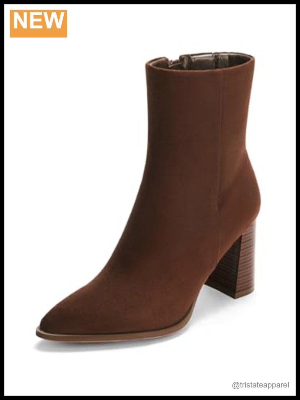 Womens Pointed Toe Ankle Boots | Chunky Stacked Heel Side Zipper Faux Suede